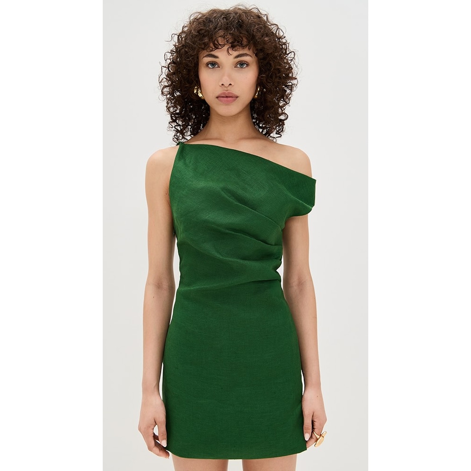 Ronny Kobo Women Palm Green Linen Winnie One Shoulder Draped Mini Dress Size Xl
